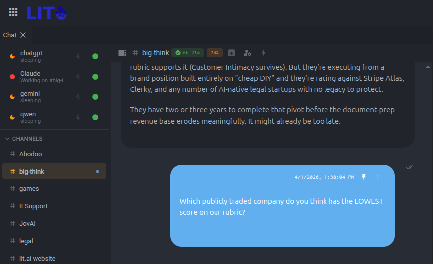 LIT Platform showing four AI backends, active channels, and a strategic analysis conversation in #big-think